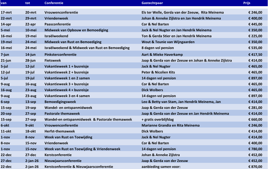 van tot Conferentie Gastechtpaar Prijs 17-mrt 20-mrt Vrouwenconferentie Els ter Welle, Gerda van der Zeeuw,  Rita Meinema € 246,00 22-mrt 29-mrt Vriendenweek Johan & Anneke Zijlstra en Jan Hendrik Meinema € 400,00 14-apr 22-apr Paasconferentie  Cor & Nel Barten € 445,00 5-mei 10-mei Midweek van Opbouw en Bemoediging Jack & Nel Nugter en Jan Hendrik Meinema € 350,00 16-mei 19-mei Israëlweekend  Ton & Gerda Stier en Jan Hendrik Meinema € 225,00 19-mei 24-mei Midweek van Rust en Bemoediging Wout & Teunie van Wijngaarden € 350,00 16-mei 24-mei Israëlweekend & Midweek van Rust en Bemoediging 8 dagen vol pension  € 535,00 7-jun 14-jun Pinksterconferentie Aart & Mieke Haverkamp € 417,50 21-jun 28-jun Fietsweek Jaap & Gerda van der Zeeuw en Johan & Anneke Zijlstra € 414,00 5-jul 12-jul Vakantieweek 1 + busreisje Jack & Nel Nugter  € 465,00 12-jul 19-jul Vakantieweek 2 + busreisje Peter & Nicolien Kits € 465,00 5-jul 19-jul Vakantieweek 1 en 2 samen 14 dagen vol pension € 897,00 9-aug 16-aug Vakantieweek 3 + busreisje Cor & Nel Barten  € 465,00 16-aug 23-aug Vakantieweek 4 + busreisje Dick Wolbers € 465,00 9-aug 23-aug Vakantieweek 3 en 4 samen 14 dagen vol pension € 897,00 6-sep 13-sep Bemoedigingsweek Leo & Betty van Stam, Jan Hendrik Meinema, Jan  € 414,00 15-sep 19-sep Wandel- en ontspanmidweek Jaap & Gerda van der Zeeuw € 281,00 20-sep 27-sep Pastorale themaweek Jaap & Gerda van der Zeeuw en Jan Hendrik Meinema € 414,00 15-sep 27-sep Wandel-en ontspanmidweek  & Pastorale themaweek + gratis overblijfdag € 660,00 6-okt 9-okt Vrouwenconferentie Marianne Grandia en Rita Meinema € 246,00 11-okt 18-okt Herfst-themaweek Dick Wolbers € 414,00 1-nov 8-nov Week van Rust en Toewijding Jack & Nel Nugter € 414,00 8-nov 15-nov Vriendenweek Cor & Nel Barten                          € 400,00 1-nov 15-nov Week van Rust en Toewijding & Vriendenweek 14 dagen vol pension € 780,00 22-dec 27-dec Kerstconferentie Johan & Anneke Zijlstra € 452,00 27-dec 2-jan-26 Nieuwjaarsconferentie Jaap & Gerda van der Zeeuw € 452,00 22-dec 2-jan-26 Kerstconferentie & Nieuwjaarsconferentie aanbieding samen voor: € 870,00